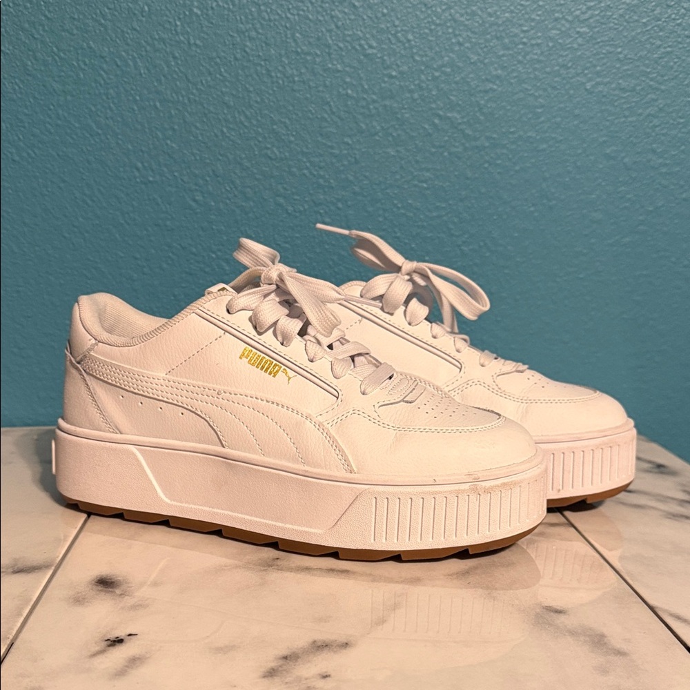 PUMA Women's White Platform Sneakers with Gold Accents
